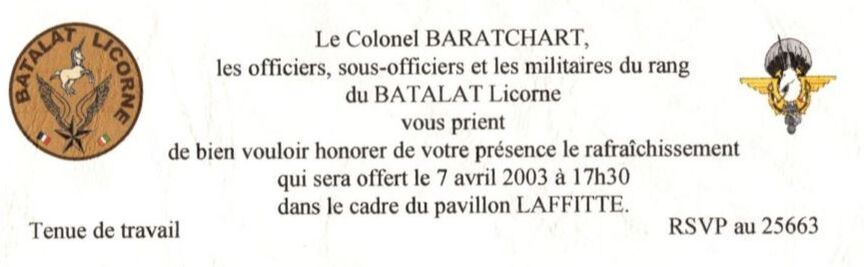 LICORNE : carton d'invitation du BATALAT du 7 avril 2003 Alat.fr