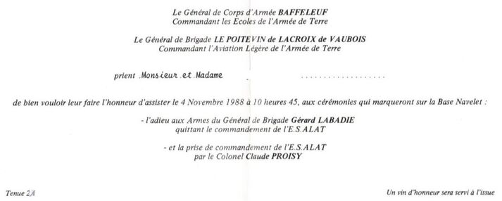 ESALAT : intérieur carton d'invitation à la cérémonie de passation de commandement du 4 novembre 1988 Alat.fr